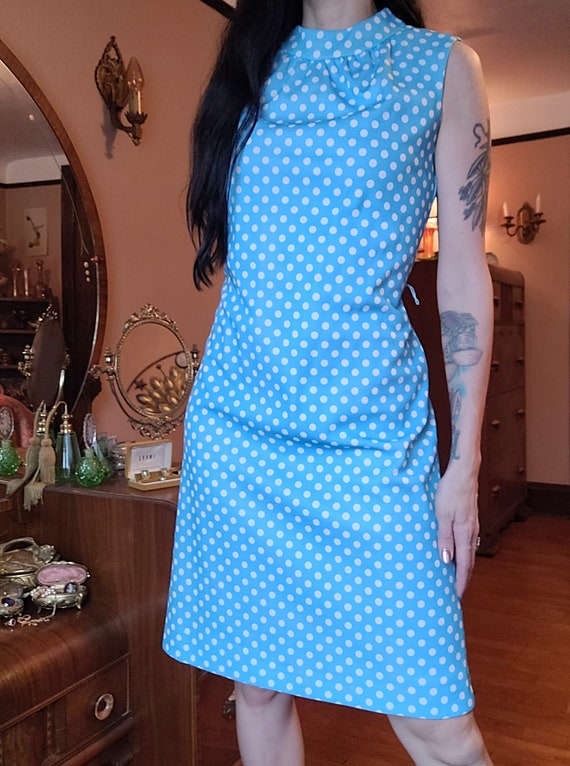 Vtg 60s 70s Sky Blue Polka Dot Sleeveless Dress - image 1