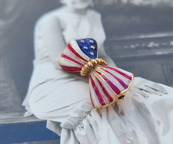 Vintage CINER Signed Red White Blue Enamel Flag A… - image 2