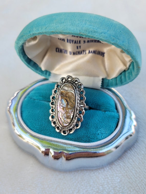 Vintage Abalone Silver Tone Large Cocktail Ring Ad