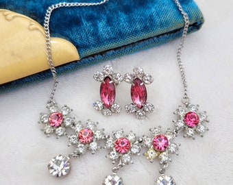 Vintage roze strass ketting en clip op oorbellen set met originele doos