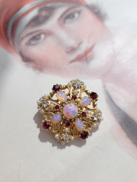 Vintage Faux Opal Rhinestone Faux Pearl Brooch Pin