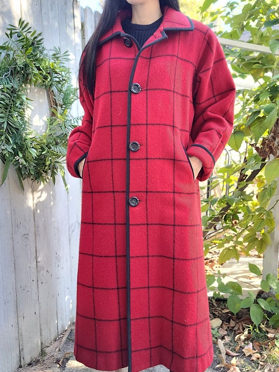 Vtg WOOLRICH USA Red Plaid Long Wool Women's Peac… - image 1