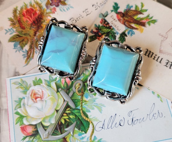 Vtg Turquoise Colored Stone Silver Tone Square Cl… - image 1