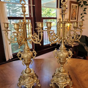 Vintage Neo Gothic Rococo Baroque 5 Arm 27" Brass Candelabras - Set Of 2