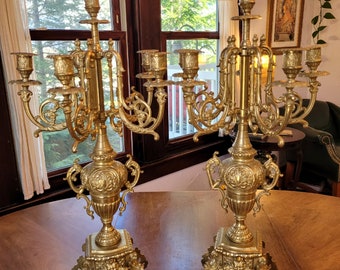 Vintage Neo Gothic Rococo Baroque 5 Arm 27" Brass Candelabras - Set Of 2