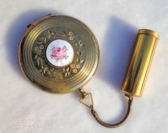 Vintage Guilloche Emaille Zell 5th Avenue Floral Compact mit Lippenstifthalter Kette