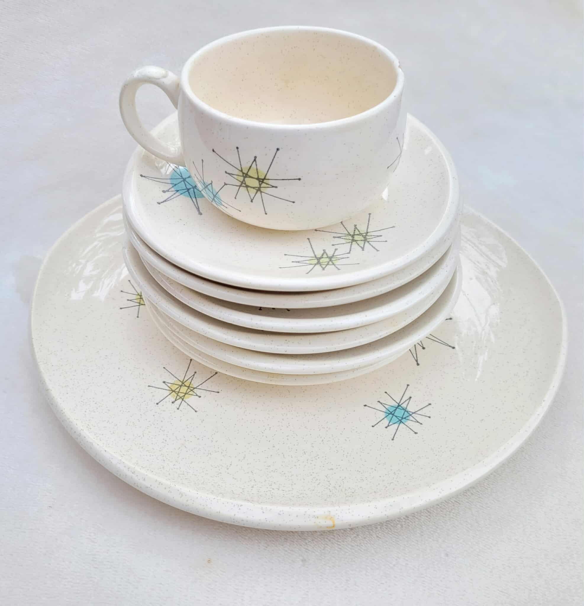 Set of 8 Vintage Franciscan Atomic Starburst Earthenware Blue MCM