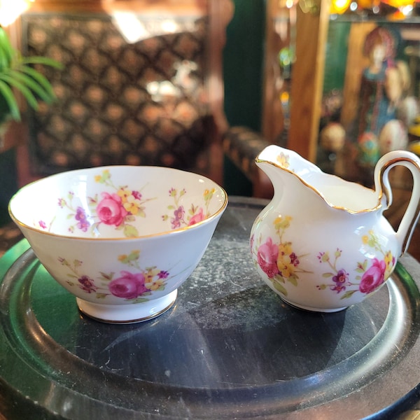 Vtg Royal Chelsea English Bone China 2 Piece Bowl Creamer Set Pink Roses Gold