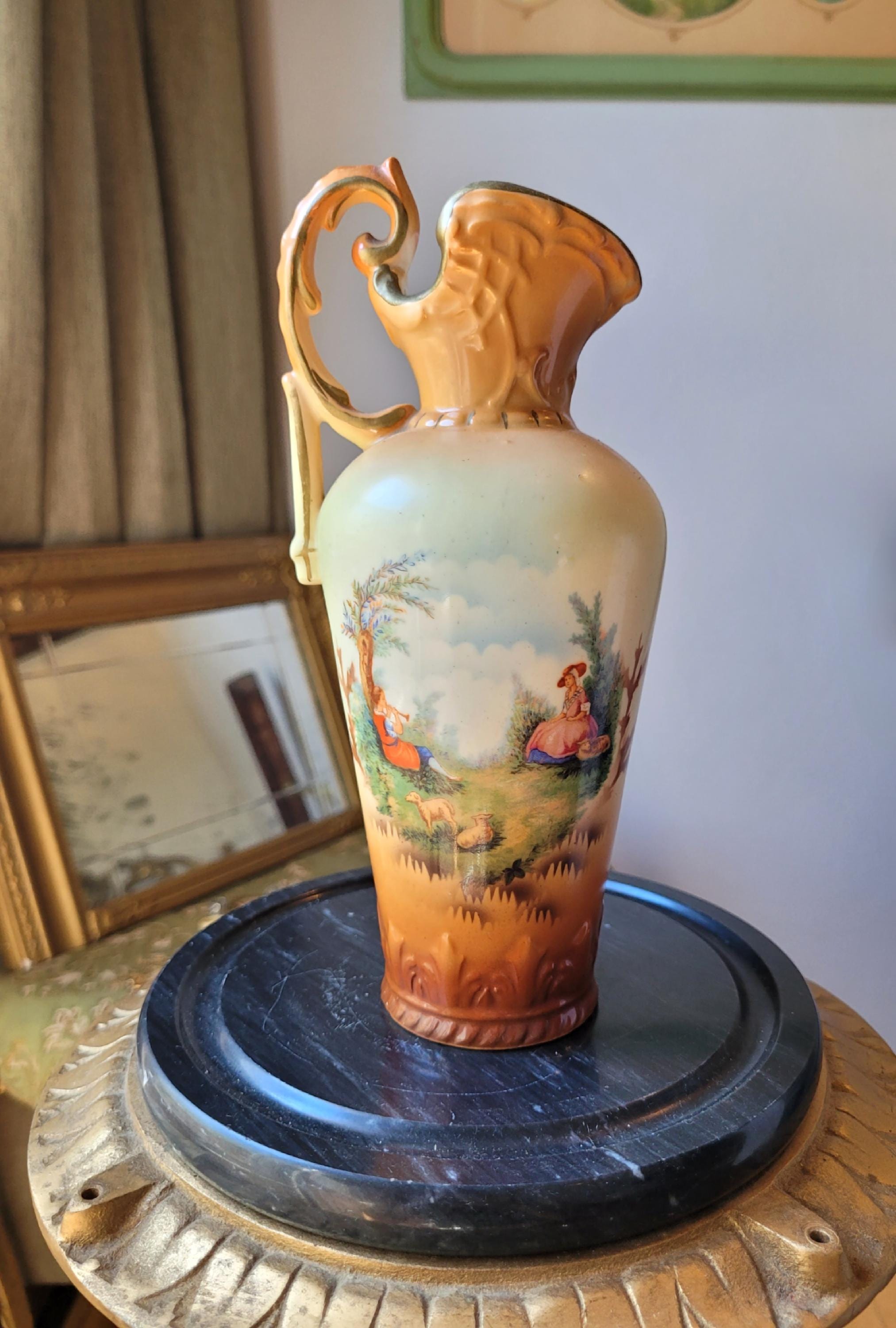 Vtg Antique Hand Painted Man Woman Music Porcelain Pitcher