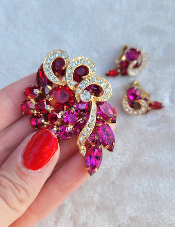 Vtg Unsigned Eisenberg? Red Pink Rhinestone Gold … - image 2