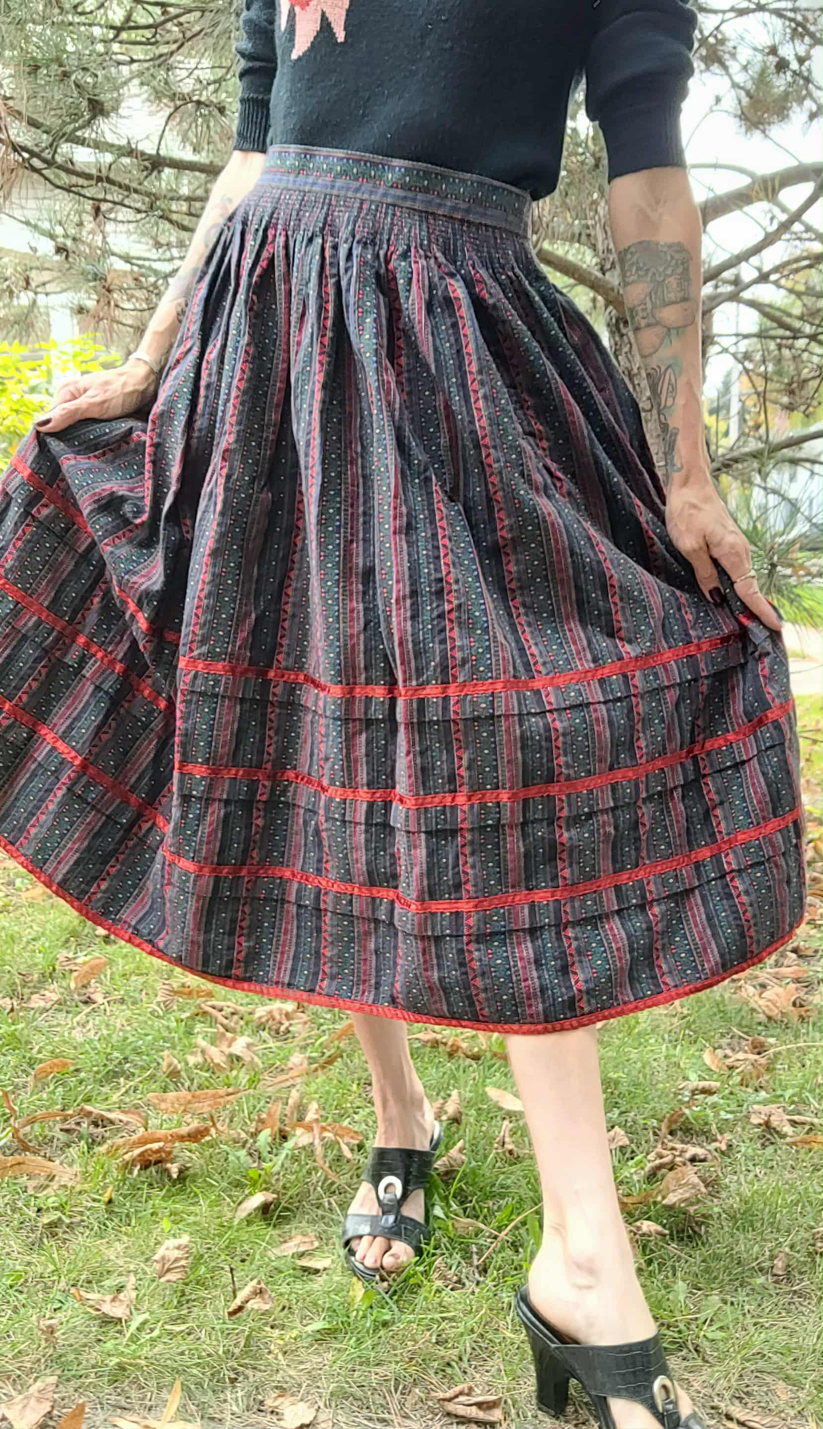 Vintage Edith Moser Austria Red & Black Ethnic Cotton Wool Dirndl