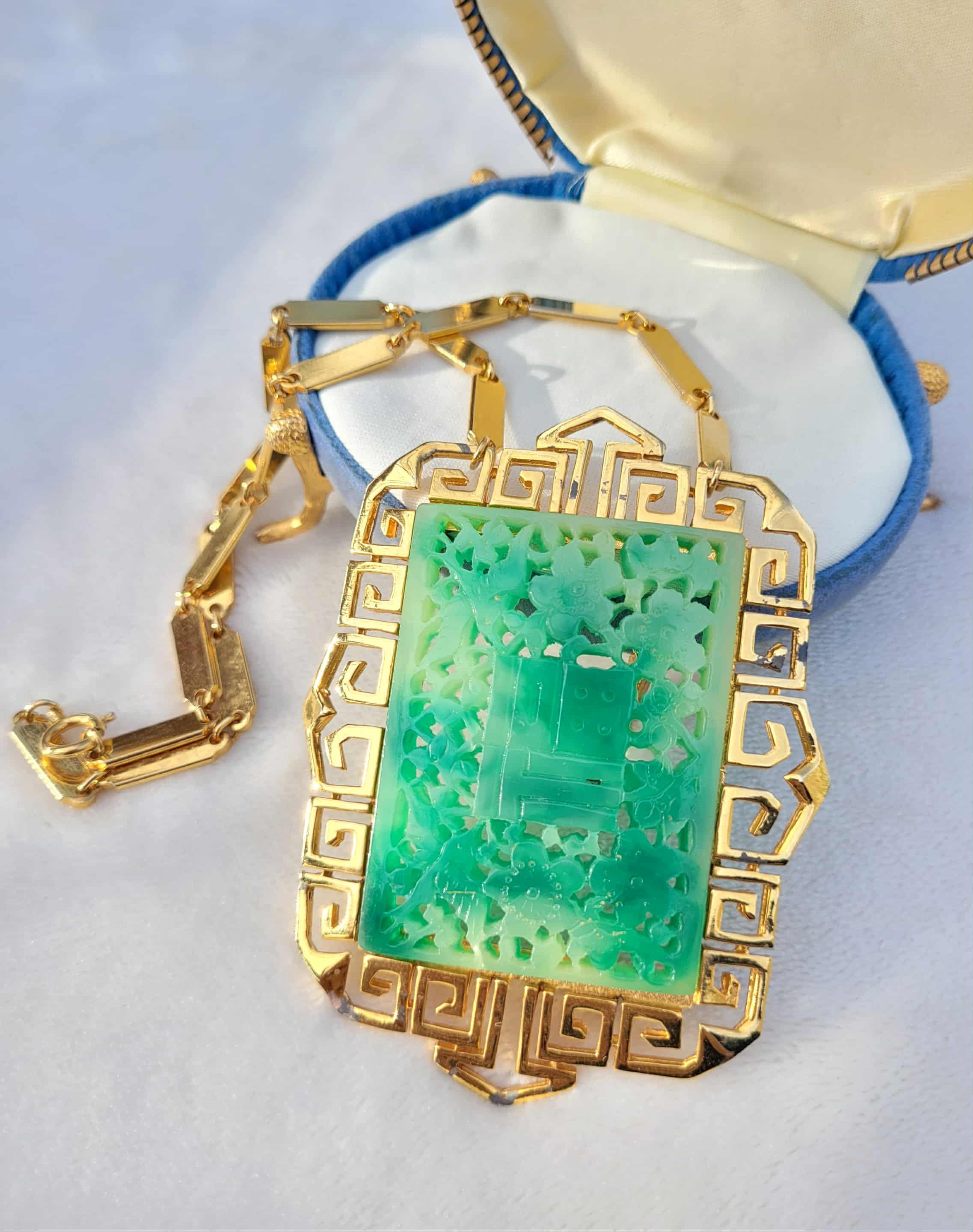 Vintage Vendome Asian Faux Green Jade Gold Tone Square Huge
