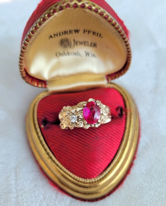 Vintage 10k Solid Gold Nugget Ruby Mens Ring 1970… - image 1