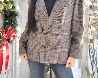 Vintage 80s ESCADA West Germany Academia Wool Brown Plaid Blazer Jacket Sz 40