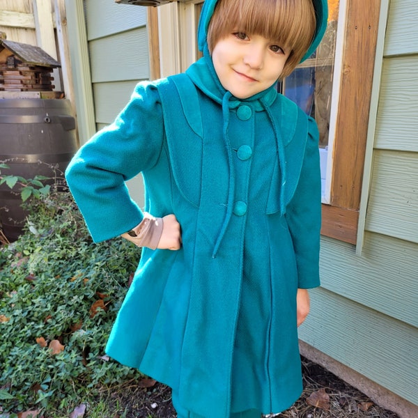 Vintage 70s Rothschild Girl's Wool Coat Snow Pants and Hat Turquoise Blue Size 4
