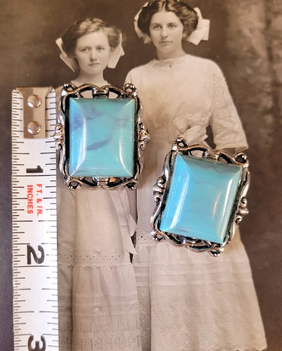 Vtg Turquoise Colored Stone Silver Tone Square Cl… - image 6