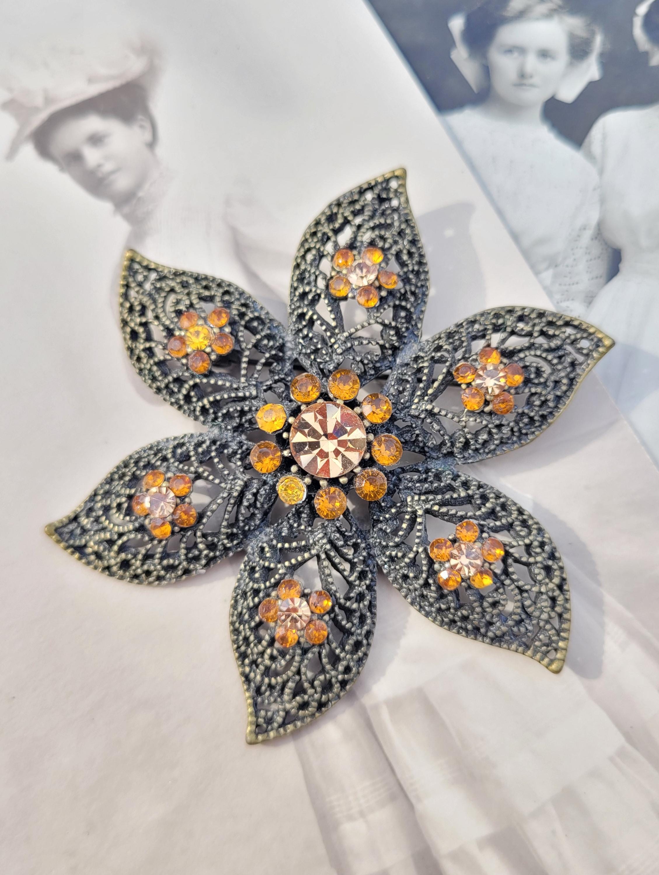 ヴィンテージ マリーゴールド イエロー ラインストーン フローラル