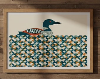 Mid Century Loon Art Print: Canadian Lake House Decor (Digital Download)