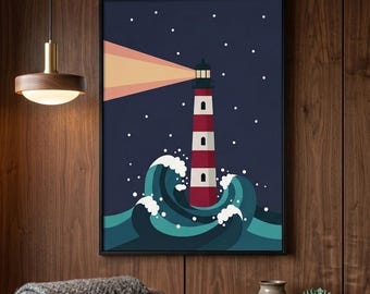 Graphic Lighthouse Print, Deep Blue Ocean Wall Art, Home Decor, Printable Nautical Poster