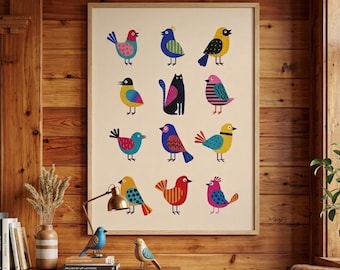 Lámina de arte popular con pájaros y gatos: Decoración de pared colorida y original (Descarga digital)
