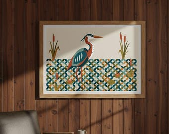 Impressão artística de garça de meados do século XX: Decoração de pântano canadense (Download digital)