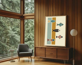 Folk Art Fish Print: Mid Century Modern Coastal Wall Art (Digital Download)