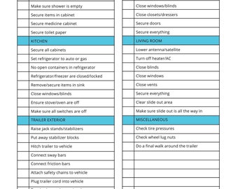 Travel Trailer Checklist - 1 page - editable