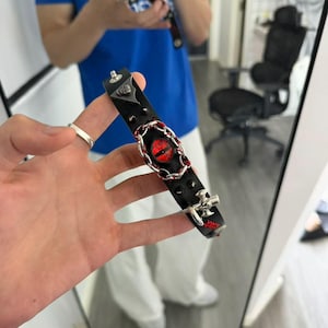 Gothic Punk Couple Bracelet, Black Faux Leather Cuff with Red Heart Eye, Chain & Spikes, Adjustable Emo Y2K Wristband, Matching Gift for Him