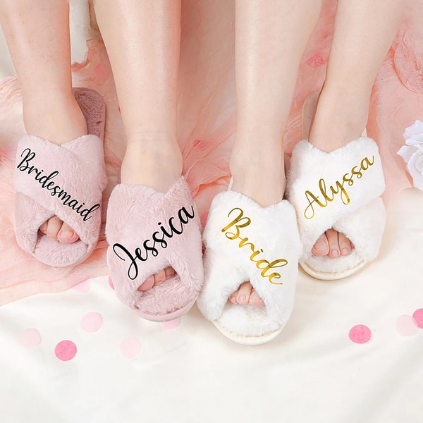 Custom Bridal Slippers,Personalized Fluffy Slippers,Fluffy Cross Slippers,Bride Shower Gift,Bachelorette  Party Slippers,Bachelorette Favors