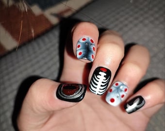 Gothic Cat Eye Press On Nails, Short Square Soft Tips, Handmade 3D Art, Black White Red Gothic Nails with Full Tool Kit,Holiday party gifts