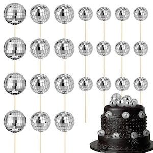 24Pcs Disco Ball Cake Toppers,Disco Theme Cupcake Toppers,Last Disco Party Decoration,Silver Disco Ball Cake Decor,Disco Ball Party Decor
