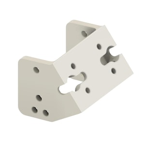 Könnte beinhalten: Eine hellbeige, geometrische Halterung mit mehreren kreisförmigen Löchern und ausgeschnittenen Abschnitten. Die Halterung hat eine rechtwinklige Form mit einer flachen Basis und einem senkrechten, abgewinkelten Oberteil. Das Design scheint für die strukturelle Unterstützung oder Montage zu sein.