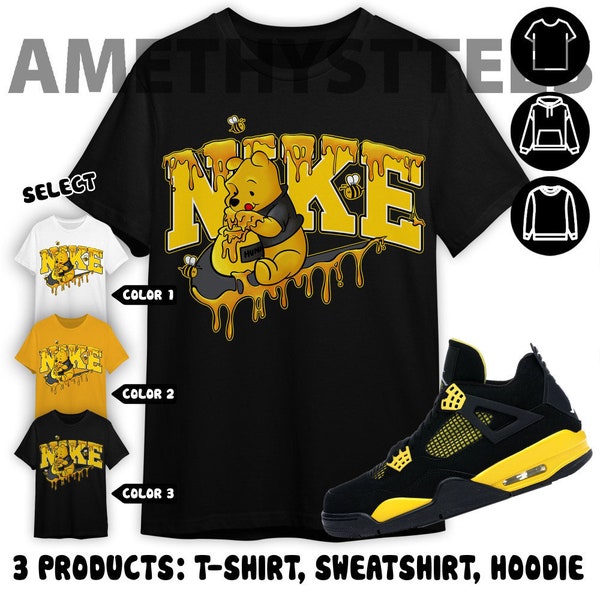 Jordan 4 Thunder Unisex kleur T-shirt, sweatshirt, hoodie, lieve Winnie Pooh, shirt in goud passend bij sneaker