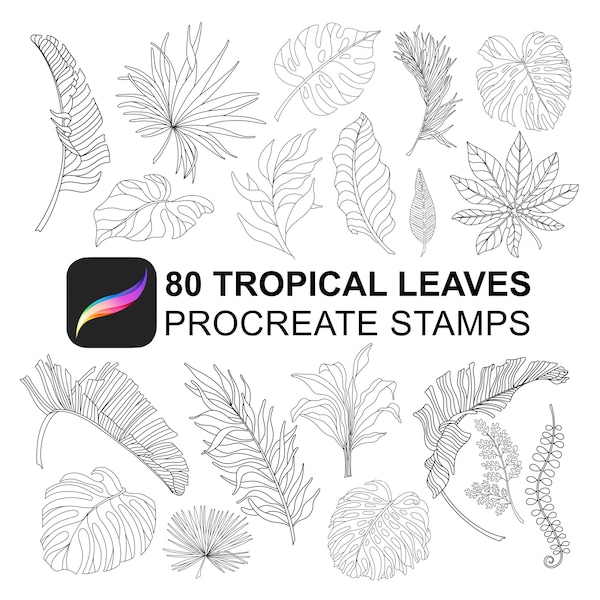 80 Tropical Leaves Procreate Stamps | Procreate Tropical Stamps | Procreate Brushes | Digital Drawing | Anime Illustration iPad Brush Pack