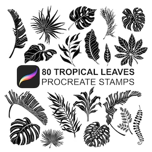 May include: A set of 80 black and white tropical leaf illustrations for Procreate stamps. The leaves are in various shapes and sizes, including palm leaves, monstera leaves, and ferns.