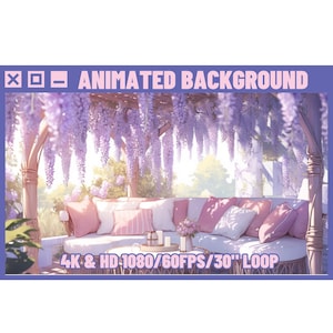 Puede incluir: Fondo animado con un sofá de mimbre blanco con almohadas rosas y blancas, situado bajo una pérgola cubierta de flores de glicinia moradas. El texto "4K & HD 1080/60FPS/30" LOOP" está en la parte inferior de la imagen.