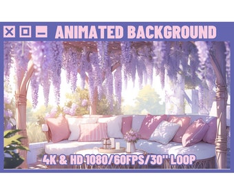 Animierte Hintergrund Lofi Wisteria Wintergarten, Tea Time Blumen Szene für Vtuber, Twitch oder Streamer. Hintergrund im Hintergrund, 4K 30Sek