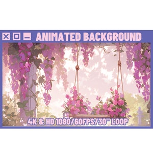 May include: Animated background featuring a pink and white floral scene with a swing hanging from a wooden pergola. The text "4K & HD 1080/60FPS/30" LOOP" is at the bottom of the image.
