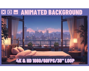 Fondo animado de dormitorio pastel lofi, vista de ciudad lluviosa (4K y HD)