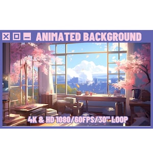 Puede incluir: Un fondo animado que presenta una habitación con una gran ventana que da a un horizonte urbano. La habitación está decorada con un escritorio, estanterías y un árbol de cerezo en flor. El texto "4K & HD 1080/60FPS/30" LOOP" se muestra en la parte inferior de la imagen.