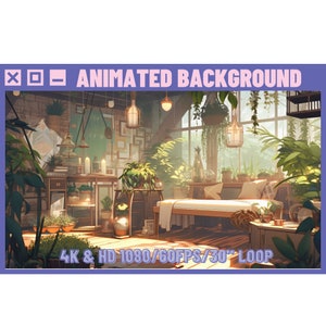 Animierter Hintergrund Urban Jungle Plant Space für Vtuber, Twitch oder Streamer. Cartoonstil, Stream Hintergrund, HD & 4K 30sek Schleife