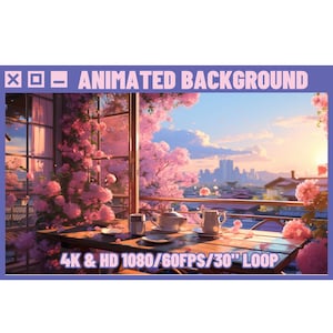 Könnte beinhalten: Ein animierter Hintergrund mit einer ruhigen Szene im Freien mit einem Tisch, der für Tee gedeckt ist. Die Szene umfasst ein Fenster mit rosa blühenden Pflanzen, eine Teekanne, Tassen und eine Stadtlandschaft in der Ferne. Der Text auf dem Bild lautet "ANIMATED BACKGROUND" und "4K & HD 1080/60FPS/30" LOOP".