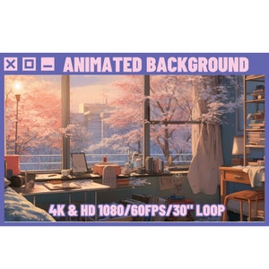 Puede incluir: Un fondo animado que muestra una habitación con una ventana que da a una ciudad con árboles de cerezo en flor. La habitación tiene un escritorio con un portátil, libros y una taza de café. El texto "4K & HD 1080/60FPS/30" LOOP" está en la parte inferior de la imagen.