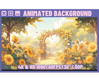 Animierter Hintergrund Sonnenblumengarten mit Schmetterling für Vtuber, Twitch oder Luftschlangen. Lofi, Stream Hintergrund, HD & 4K 30sec Loop
