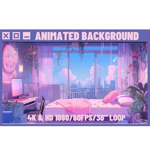 Animated Background Lofi Pink Bedroom for Vtuber, Twitch or Streamers. Anime style, lofi, stream background, HD & 4K 30sec loop