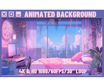 Animierter Hintergrund Lofi Pink Schlafzimmer für Vtuber, Twitch oder Luftschlangen. Anime Style, Lofi, Stream Hintergrund, HD & 4K 30sec Loop