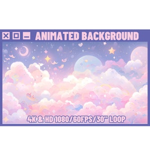 Può includere: Sfondo animato con uno schema di colori rosa, viola e blu. Lo sfondo presenta nuvole, stelle, una luna crescente e un pianeta. Il testo "4K & HD 1080/60FPS/30" LOOP" è nella parte inferiore dell'immagine.