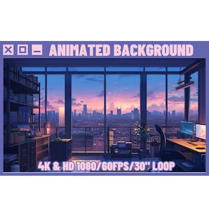 Könnte beinhalten: Animierter Hintergrund mit einer Skyline der Stadt bei Sonnenuntergang, die durch ein großes Fenster in einem Raum mit Schreibtisch, Stuhl und Bücherregal zu sehen ist. Der Text "4K & HD 1080/60FPS/30' LOOP" befindet sich am unteren Rand des Bildes.