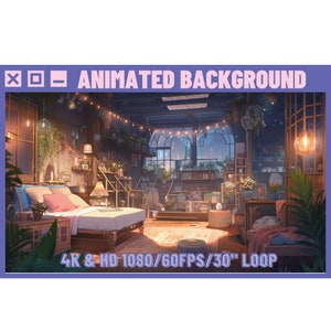 Animated Background Lofi Fairy Lights Studio Room for Vtuber, Twitch or Streamers. Cartoon style, stream background, HD & 4K 30sec loop