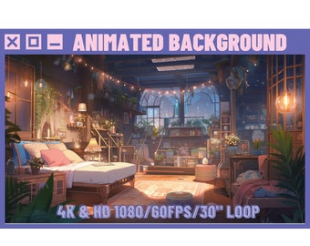 Animierter Hintergrund Lofi Lichterkette Studio Raum für Vtuber, Twitch oder Luftschlangen. Cartoon Stil, Stream Hintergrund, HD & 4K 30sec Loop
